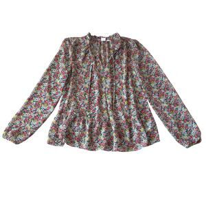 GAP Floral Peplum Blouse XS Long Sleeve Tie Neck Boho Top